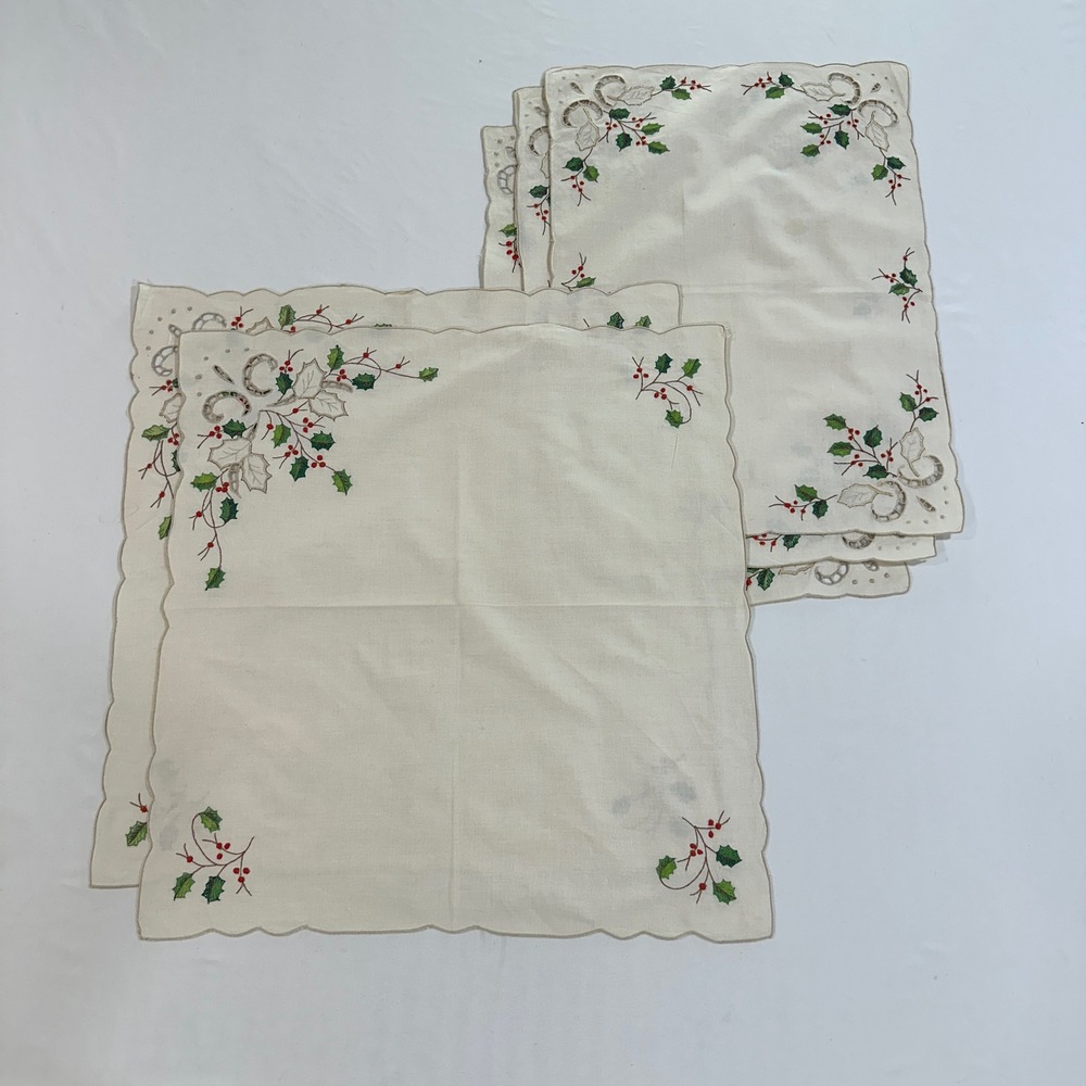 Lenox Linens Holly Berry Embroidered Placemats Napkins Set 6 Christmas Cream